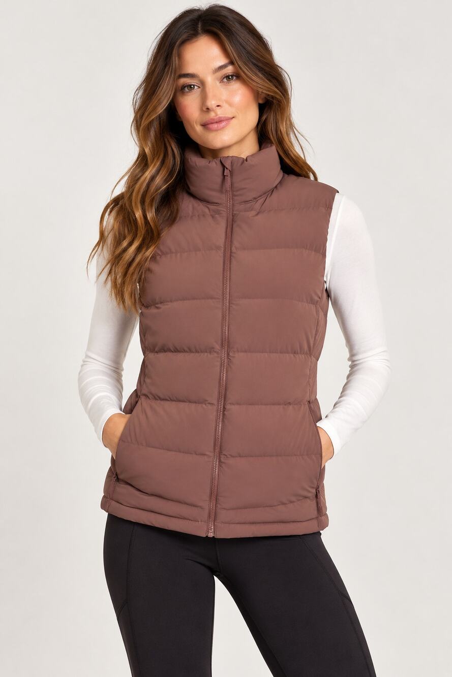 Eddie Bauer Womens Stretch Down Puffer Vest 650 Fill Mauve Rose Side Zip Vents S